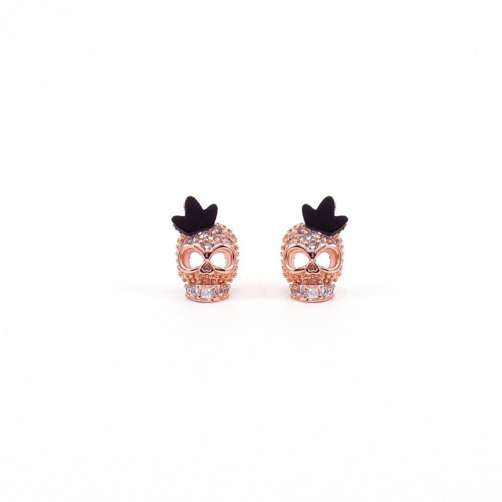 Skull Stud Earrings Crystal Pave 18K Rose Gold